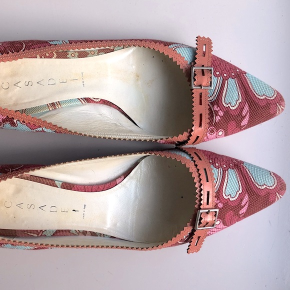 Casadei Floral Print Canvas & Leather Trim Flats 9 - Picture 1 of 7